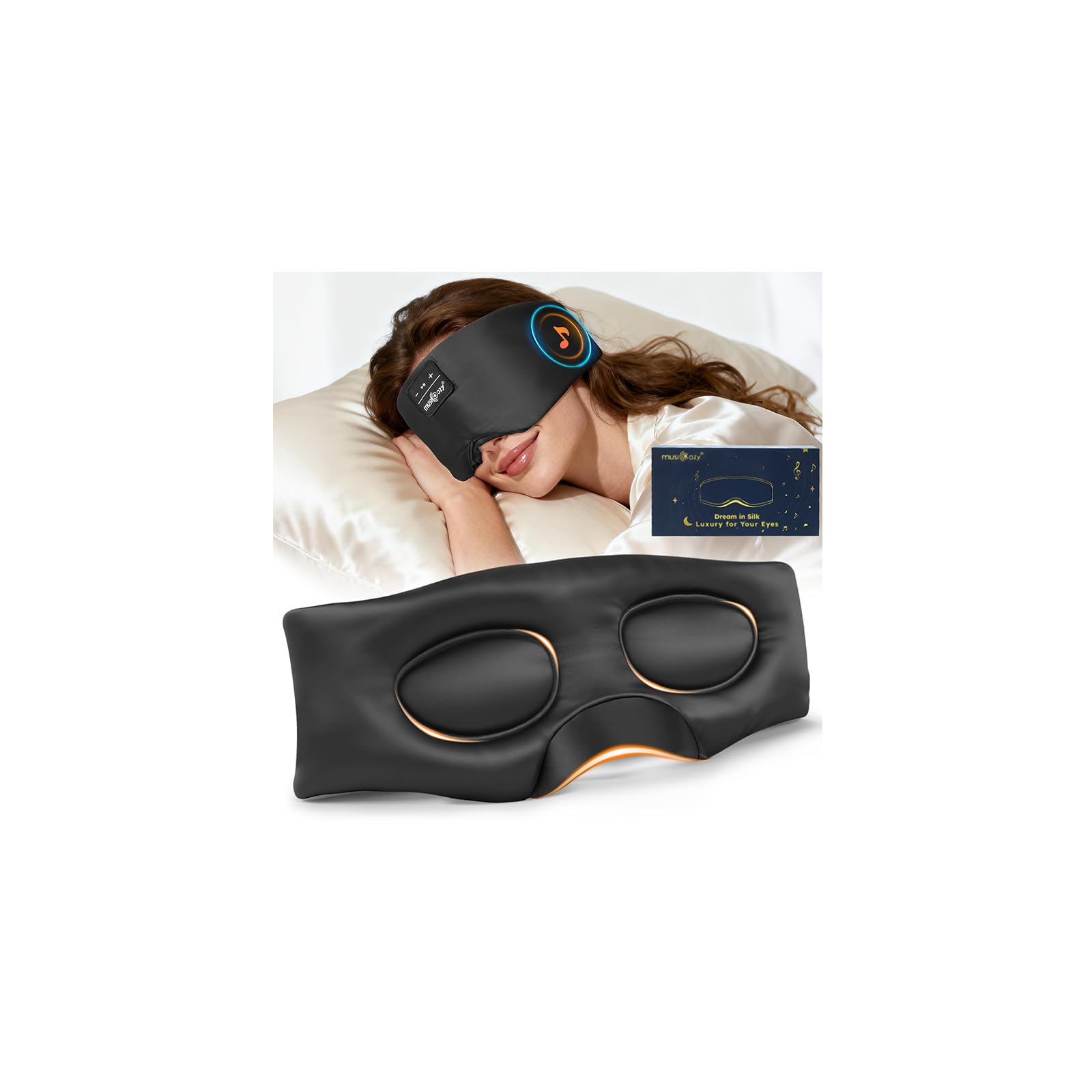 MUSICOZY Máscara de seda para dormir, con auriculares, seda de morera pura, 100 % opaco, máscara de ojos profundos 3D con auriculares