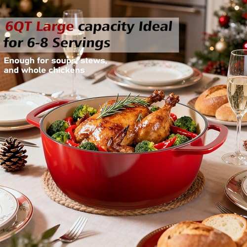 Image of Umite Chef 6QT Enameled Cast Iron Dutch Oven with Lid, Versatile Heavy-Duty Cookware Pot for Baking Bread, Braising, Soups & Stews, Oven & Stovetop Safe with Heat Resistant Gloves(Red)