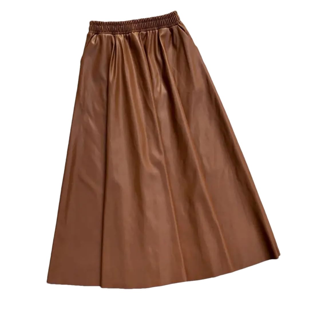 Wjnvfioo Faldas largas de cuero de la PU de las mujeres otoño invierno elástico cintura alta vintage A-Line Faldas