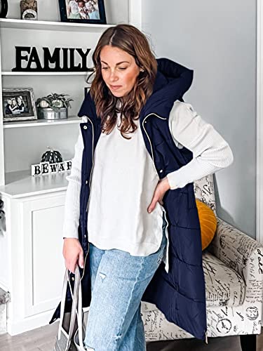 Inorin Colete feminino com gola alta, com capuz, grosso, sem mangas, casaco longo, Azul-marinho, P