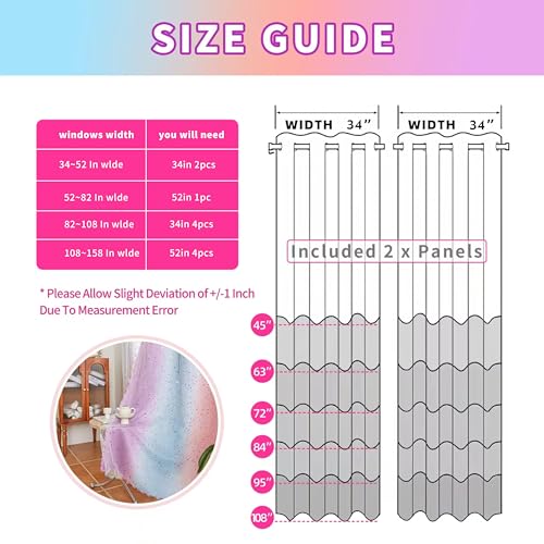 Image of 2-in-1 Double-Layer Kids & Girls Unicorn Princess Ombre Blackout Curtains with Foil Print Sheer, 2 Panels Set for Bedroom, Nursery, Living Room - Purple Blue Pink, 34W x 63L