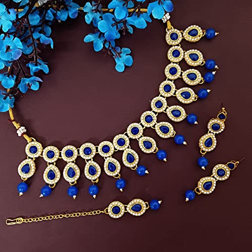 Efulgenz Crystal Indian Jewelry Choker Kundan Crystal Faux Pearl Necklace Earrings Maang Tikka Head Chain Bollywood Wedding Bridal Set for Women2