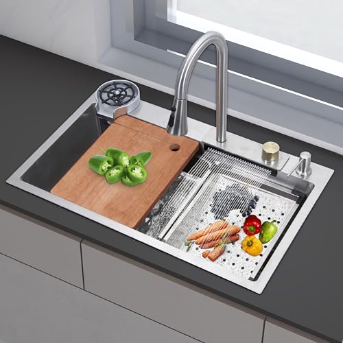 Image of Plantex 304 Grade Stainless Steel Kitchen Sink /Waterfall Kitchen Sink with Anti-Scratch Design /Sink with Pull-Down Faucet - (30 X 18 X 10 Inch, Matt)