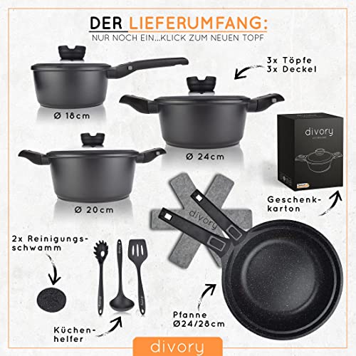 DIVORY Topfset Pfannenset Induktion - 14 teilig, Kochgeschirr Set mit Deckel, Töpfe und Pfannen beschichtet mit abnehmbarem Griff inkl. Küchenhelfer und Geschenkbox – Bild 6