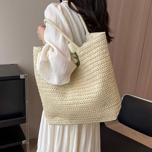 Bolsa de playa grande de paja tejida para mujer miniatura 7