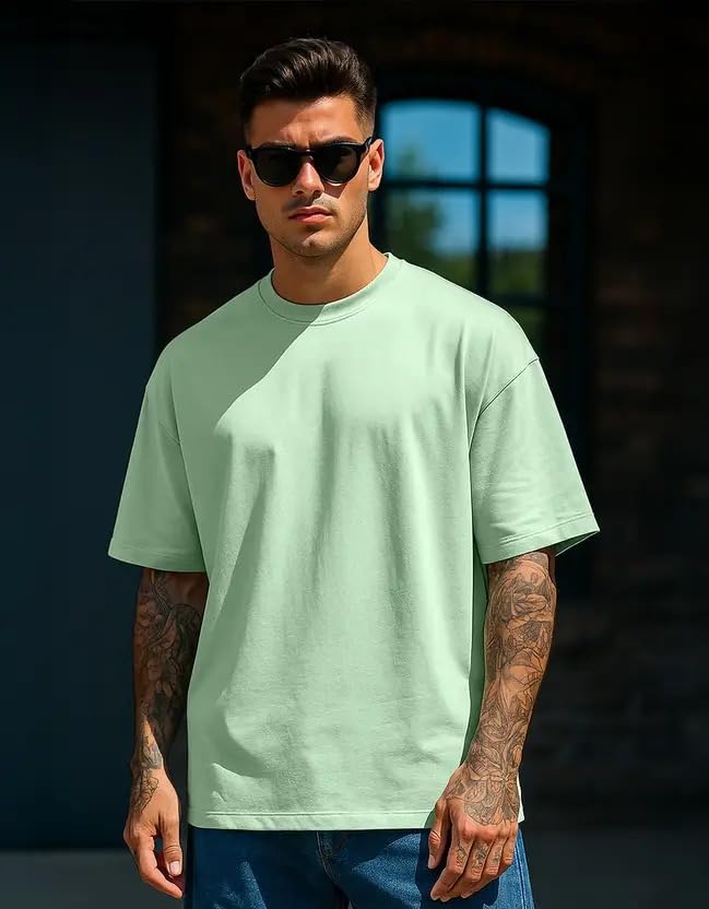 Image of Veirdo Oversized Baggy Fit Drop Shoulder Half Sleeves Round Neck Solid Pure 100% Cotton T-Shirt for Men (Available in White, Black, Mustard, Maroon, Green, Lilac, Navy, Red Color)