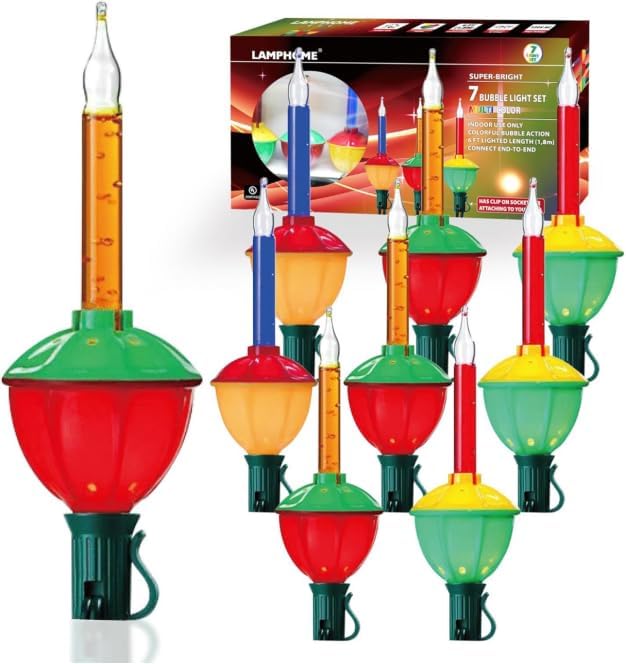 LAMPHOME 6Ft Bubble Lights Set, Vintage Christmas Bubble String Lights, 7 Colored Bulbs UL Listed for Christmas Tree Holiday Party Decor, E12 Base, Green Wire