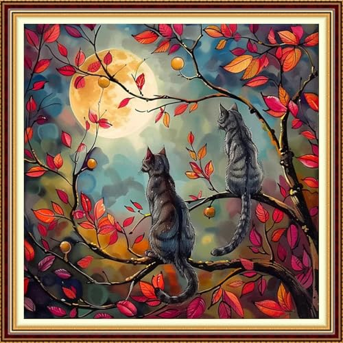 Image of Funchey Stamped Cross Stitch Kits, DIY Cross Stitch Pattern for Adults Beginners Needlepoint Kits Embroidery Kit Arts and Crafts 11CT-Cats Admiring the Moon 18x18 inch