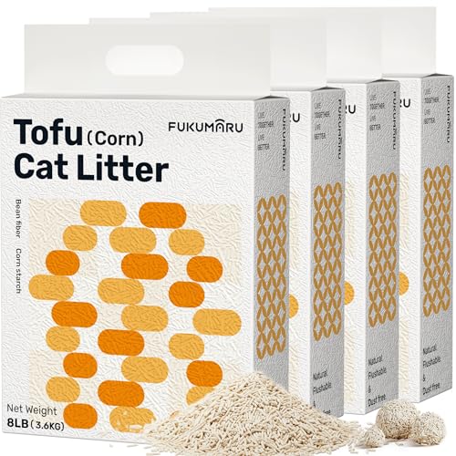 Image of FUKUMARU Tofu Cat Litter - Natural Lightweight Bean Dregs & Corn Starch Cat Litter Pellets, 99.9% Dust Free Quick Clumping, Effective Odor Control, Flushable, Low Tracking, 32lb (8lb x 4 Bags)