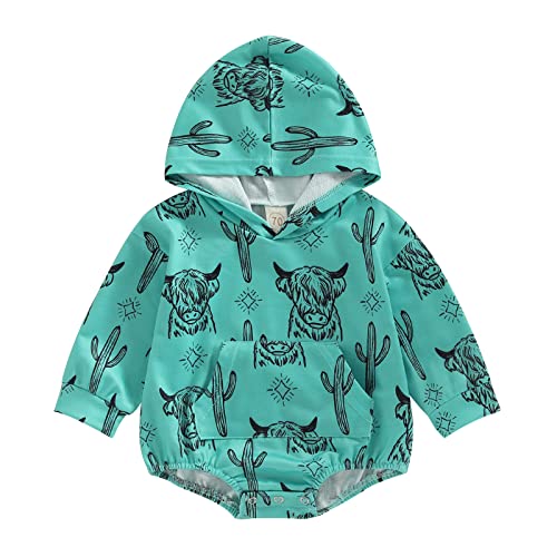 Image of Endorothii Baby Boy Girl Fall Winter Clothes Cow Print Hooded Sweatshirt Romper Long Sleeve Bodysuit Shirt Western Outfit (Green, 0-6 Months)