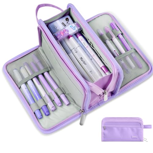 Image of Sooez Large Pencil Case, Big Capacity Pencil Pouch Pen Bag with 3 Compartment, Portable Canvas Stationery Organizer with Zipper, Cute Aesthetic School Supplies for Teen Girls College, Pure Purple