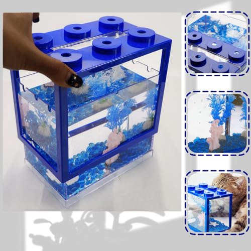 Image of Small Betta Fish Tank, Mini Fish Tank Aquarium Tank Kit with Blue Gravel & Resin Decorations, 0.6 Gallon Stackable Fish Bowl Tiny Desktop Aquarium for Sea Monkey Shrimp (Blue)