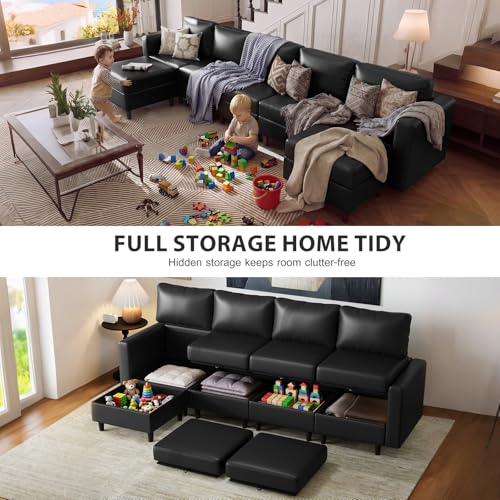 Image of ABCASA Oversized Modular Sectional Sofa, 118.5 inch Faux Leather 6 Seater U Shaped Couch with Movable Ottoman and Storage Seat with Reversible Chaise Deep Seat for Living Room Black
