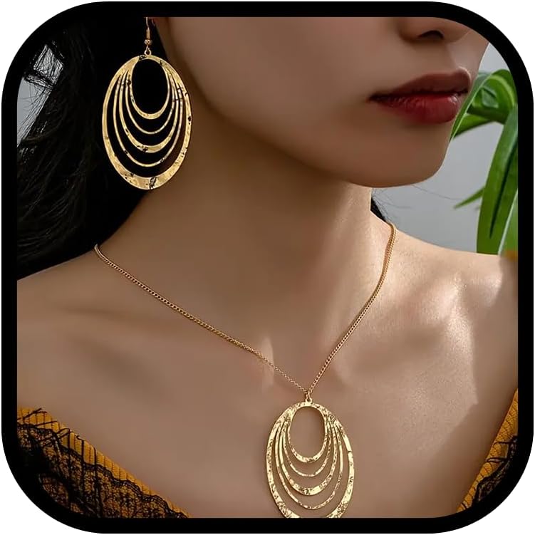 Necklace And Earring Sets For Women, Gold Chunky Charm Necklaces Three Layer Circle Pendant Bohemian Metallic Style Jewelry Gift