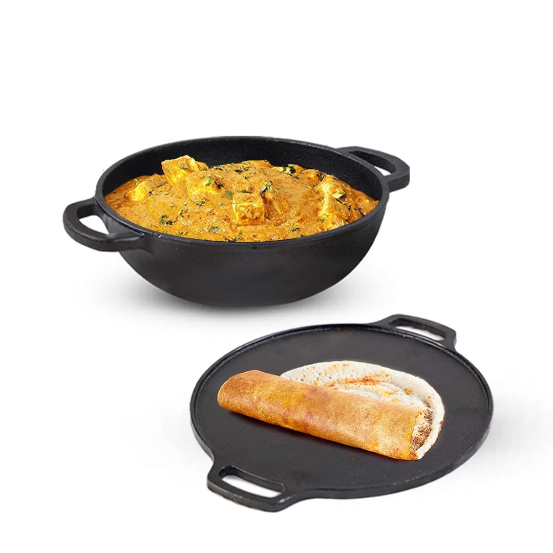 The Indus ValleyPre-Seasoned Cast Iron Cookware Set | Tawa (30 Cm) + Kadai (25.4 Cm/2.3L) | Kitchen Cooking Combo Pots And Pans Set Of 2Pcs | Naturally Nonstick black