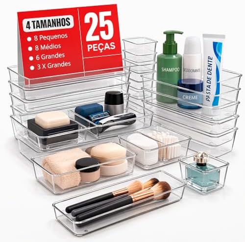 Organizador de Gavetas 25 Peças em Acrílico de Qualidade, 4 Tamanhos Diferentes, Divisórias Modulares Multiuso para Maquiagem, Talheres, Escritório e Acessórios, Sistema Ajustável