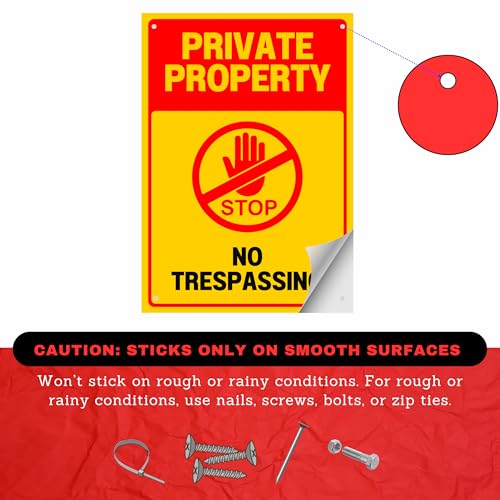 Image of Private Property No Trespassing Sign Sticker Board (20.5 x 14.5 CM) - Self Adhesive Warning Sign with Pre-Made Holes - Pack of 2 (Private property, Medium -20.5 x 14.5 CM)
