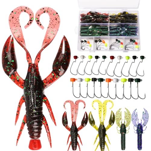 Dovesun 66pcs Ned Rig Jig Heads, Ned Rig Hooks with Soft Lures Kit Weedless Jig Head Floating Crawfish Lures Mushroom Jig Heads for Bass Fishing Ned Rig Kit