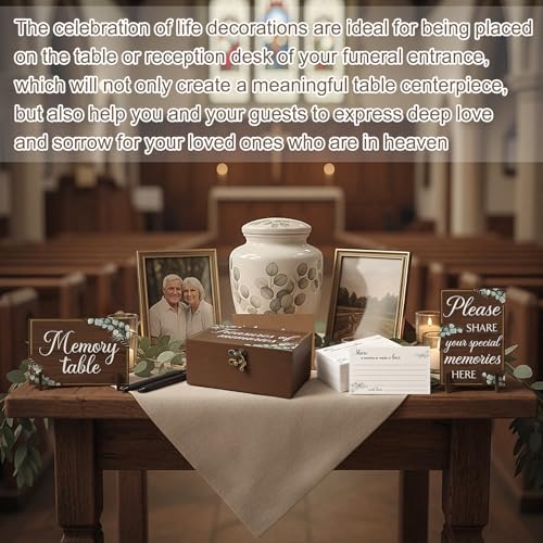 Image of Gilprop 112 Pcs Celebration of Life Memory Cards Set Share a Memory Cards with Box 2 Wood Sign with 4 Hold and 5 Pens, Sympathy Memorial Gifts Funeral Keepsake Decorations(Eucalyptus Leaves)