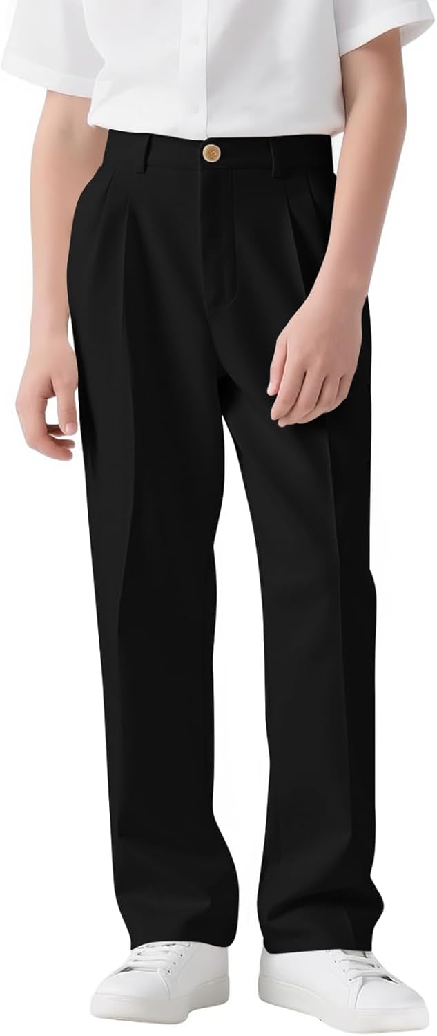 Haloumoning Boys Dress Pants Kids High Waisted Wide Leg Uniform Pants Casual Trousers with Pockets 5-14 Years