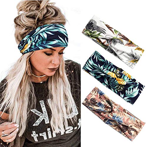 Gangel Boho Criss Cross Headbands Twisted Floral Printed Hairbands Elastic Bandanas Turban Stretch Head Wrap Knotted Hair Scarfs Fashion Hair Accessories for Women and Girls(Pack of 3) (leaf)