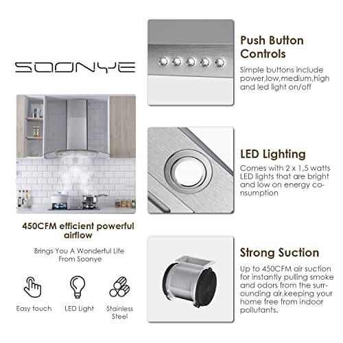Soonye 30 Inch Wall Mounted Curved Glass Range Hood With 450 Cfm,Stainless Steel Kitchen Ductless/Ducted Convertible With 3 Speed Controls,Permanent Baffle Filters And 2 Led Lights #TOP3