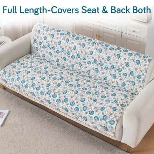 Image of HOKIPO Cerulean Bloom Quilted Sofa Cover for 3 Seater with Tassels for Seat & Back, 'Tassel Twigs' Series (IN-991-T6)