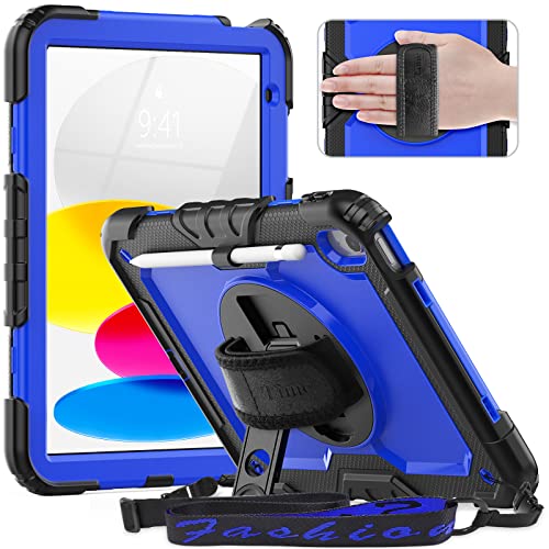 Timecity iPad 第10世代 ケース 2022モデル対応 耐衝撃 Timecity iPad 十世代 10.9インチ ケース 360度回転スタンド 保護フィルム内蔵 ペン収納 頑丈 肩紐 ハンドストラップ付き 肩掛け 落下防止 耐久性 多機能 工事現場 子ども iPad 第十世代 カバー (ダークブルー)