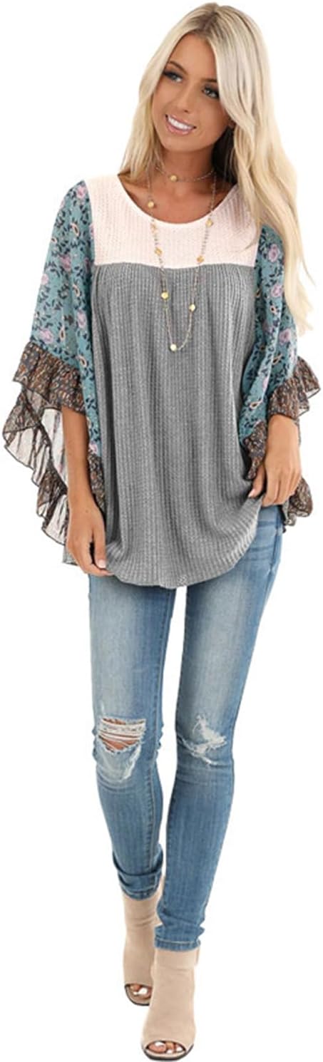 CASURESS Womens Floral Printed 3 4 Sleeve Shirt Batwing Loose Tops Blouses Pullover - Image 3