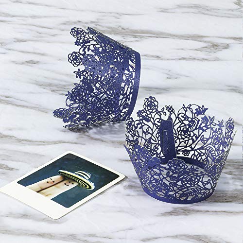 image for YOZATIA 60pcs Navy Blue Rose Lace Cupcake Wrappers Holders, Laser Cut 