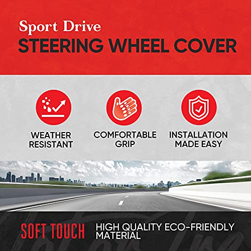 Motor Trend GripDrive Synthetic Leather Auto Car Steering Wheel Cover Black w/Beige Accent Stitching Comfort Grip - Standard 15 inch