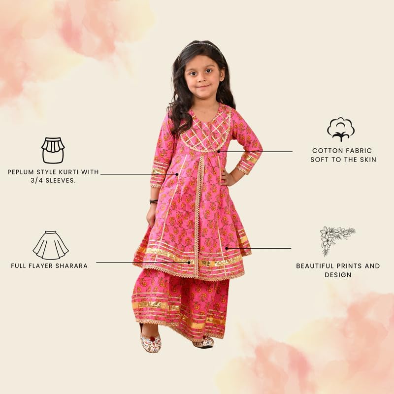 Image of superminis Girls Cotton Floral Printed Gotta Work 3 /4 Sleeves Sharara Suit Ethnic Wear Set