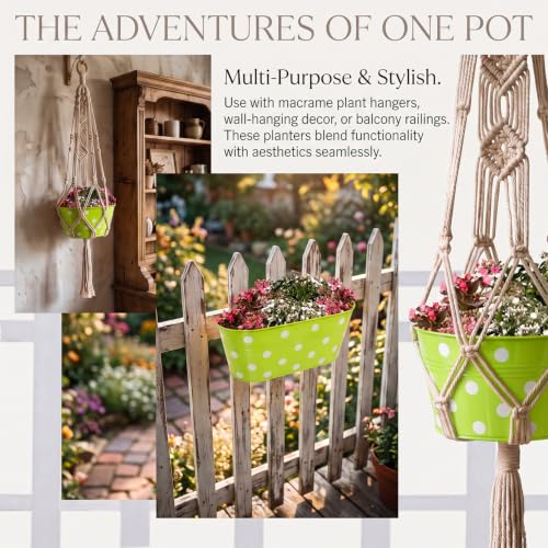 Image of TrustBasket Dotted Oval Railing Planter Basket - Green (Set of 5) | Heavy-Duty UV Stabilized Metal Flower Pots for Railings, Fence & Balcony, Indoor Outdoor Herb, Flower & Decorative Plants