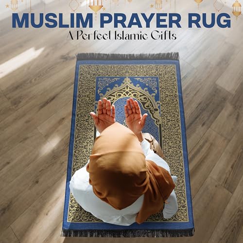 Muslim Prayer Rug with Islam Prayer Beads - Travel Prayer Mat, Islamic Gifts for Women, Portable Prayer Matt Islam, Islamic Prayer Rug Islam Men Women, Praying Mat for Muslim Gifts, Navy