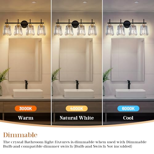 Image of Crystal Bathroom Light Fixtures Over Mirror, Black Gold 4-Light Bathroom Vanity Lights Over Mirror Modern Wall Lighting Sconces with Ceramic E26 Base (Bulbs Not Include)