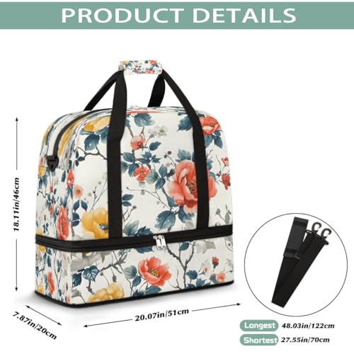 Sports Gym Bag Red Flower Watercolor Large Travel Duffel Bag With Shoe Compartment Foldable Waterproof Carry-On Weekend Travel Bags for Camping Overnight Yoga Hospital Travel Bags2