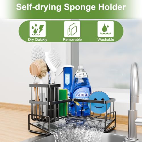 Image of Fikoksol Large Sponge Holder for Kitchen Sink, 90-Degree Sink Caddy Storage | Self Draining Sponge Rack for Countertop, Metal L-Shaped Dish Soap Organizer with Brush Holder, Corner Sink Storage Ideas