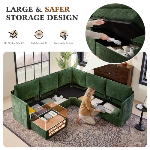 Image of Ihanherry Oversized Modular Sectional Sofa with Storag, 6-Seater V Shaped Cloud Couch with Movable Ottomans, Chenille Deep Seat Corner Couches for Living Room (Green)