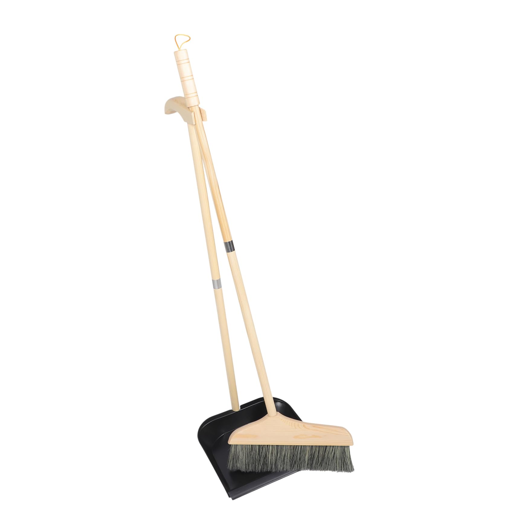 Haushaltsbesen und Kehrschaufel Satz mit Langem Stiel Ergonomischer Holzgriff Schwarzer Naturborstenbesen Reinigungsset für Holz- Fliesen und Zementböden