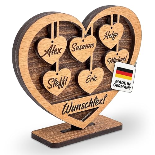 DARO Design - Herz mit Gravur aus Holz - Wunschtext und 6 Namen