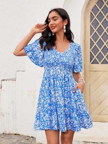 Image of UEAL Womens Cute Floral Smocked V Neck Flutter Sleeve Sundress with Pockets Casual Spring Summer Dresses for Women 2026