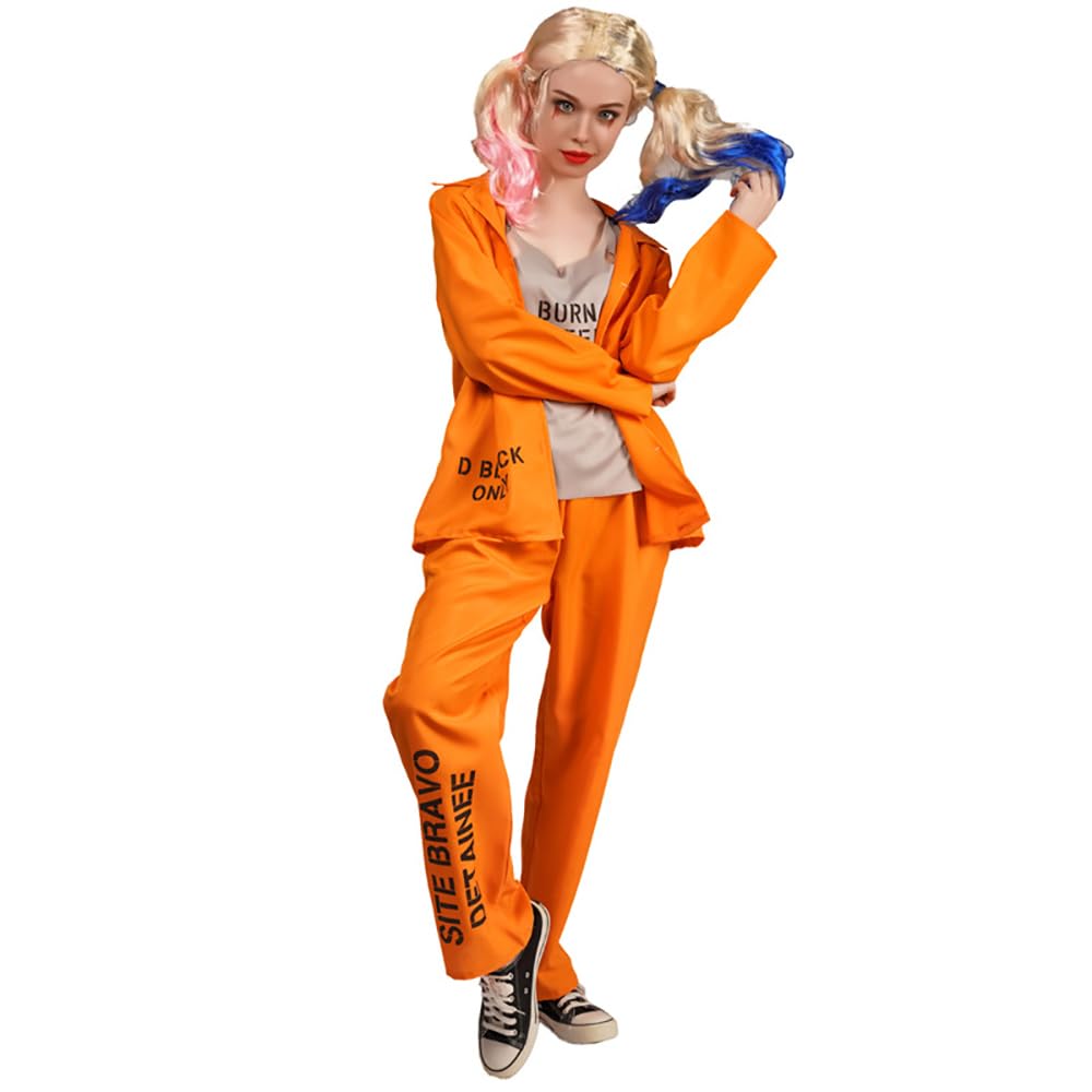Prison Jumpsuit Costume Inmate Outfit,Halloween Prison Jumpsuit Costume Jail Costumes Orange Prison Playsuit Overalls for Men Women Kids Cosplay Outfits