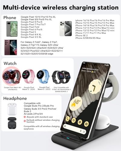Image of Upgraded 3 in 1 Wireless Charger for Google Pixel Watch 3 /2, for Pixel 10 9 /Pro /Pro XL /Fold,Buds Pro 2 /Pro,Fitbit Versa 4 /3,Wireless Charging Station for Multiple Devices (Not for Google Watch 4 /1)