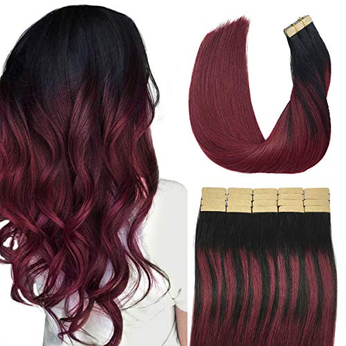 Doores 20 Inch 20pcs Tape in Human Hair Extensions Ombre Jet Black to Red Real Natural Hair Extensions Tape in Remy Skin Weft Hair Extensions Straight 50g