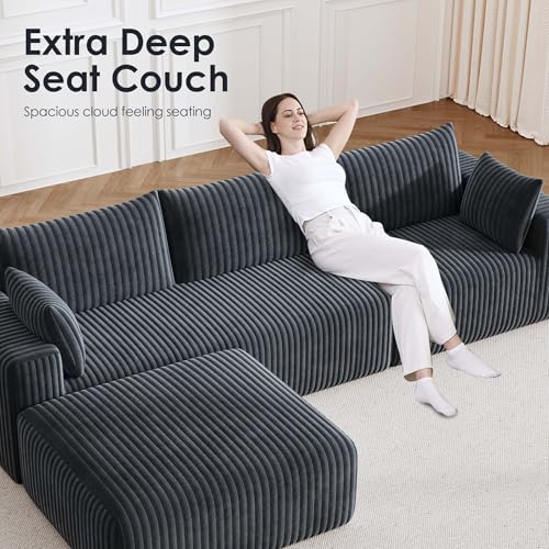 110”Modern Modular L-Shape Couch with Chaise, Modular Sectional Couches for Living Room, Deep Seat Boneless Sofa Bed, No Assembly Required Sleeper Sofa, Plush Corduroy Fabric, Dark Gray