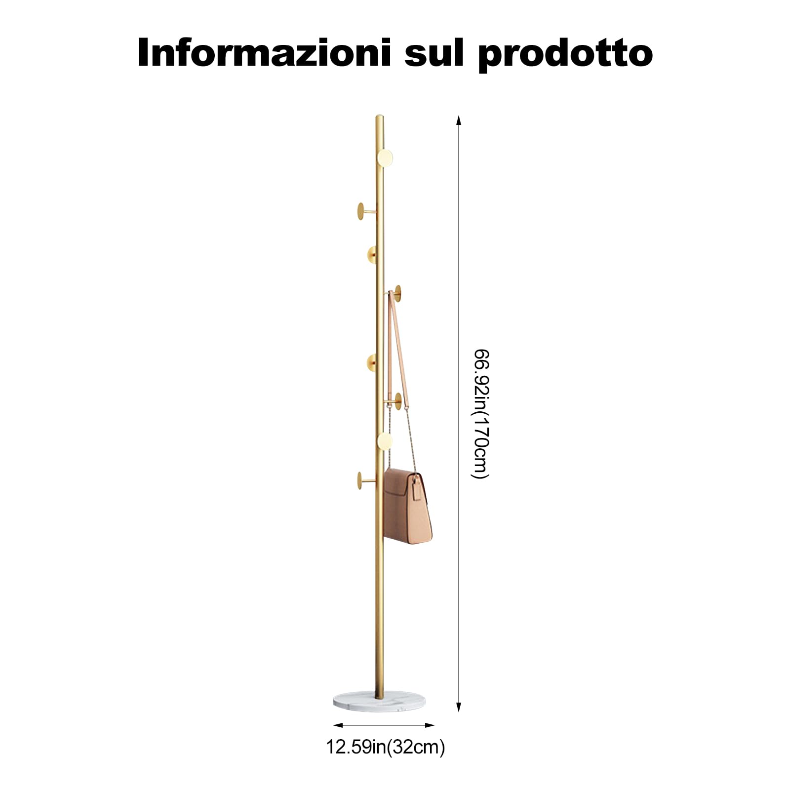 Ergocar Appendiabiti, 8 Ganci Metallici, Staffe Per Appendiabiti Da Ingresso e Un Attaccapanni Con Base In Marmo, Utilizzato Per Alberi Per Giacche, Cappelli, Borse, Fasce