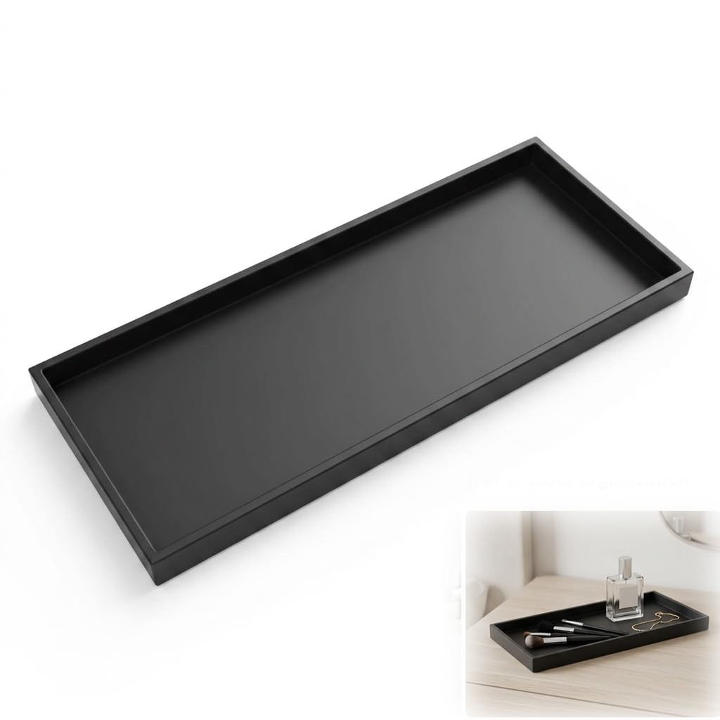 Silicone Bathroom Vanity Tray, 30 x 12.5cm Rectangular Countertop Sink Storage Tray Organiser for Perfume Candles Soap Towel Plant Cosmetic 1 Pieces Black