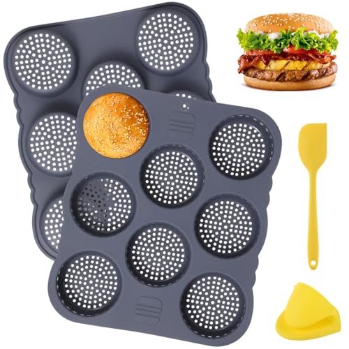 Bosreroy 2 Silicone Hamburger Bun Molds, 8-Cup Nonstick Pans with Spatula and Grab Glove, Microwave and Dishwasher Safe