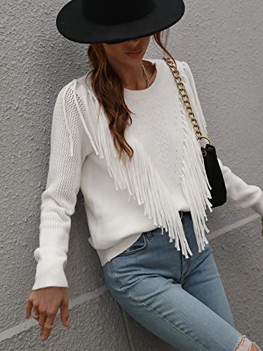 Image of Women's Casual Crewneck Fringe Tassels Crochet Long Sleeve Knitted Fall Sweater Pullover Tops