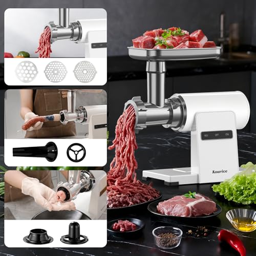 Image of Electric Meat Grinder for Home Use, 2800W Peak Power, Heavy Duty Metal Body with Auto-Reverse, 2 Blades & 3 Grinding Plates, Sausage Stuffer & Kibbeh Kit, Easy Clean, White